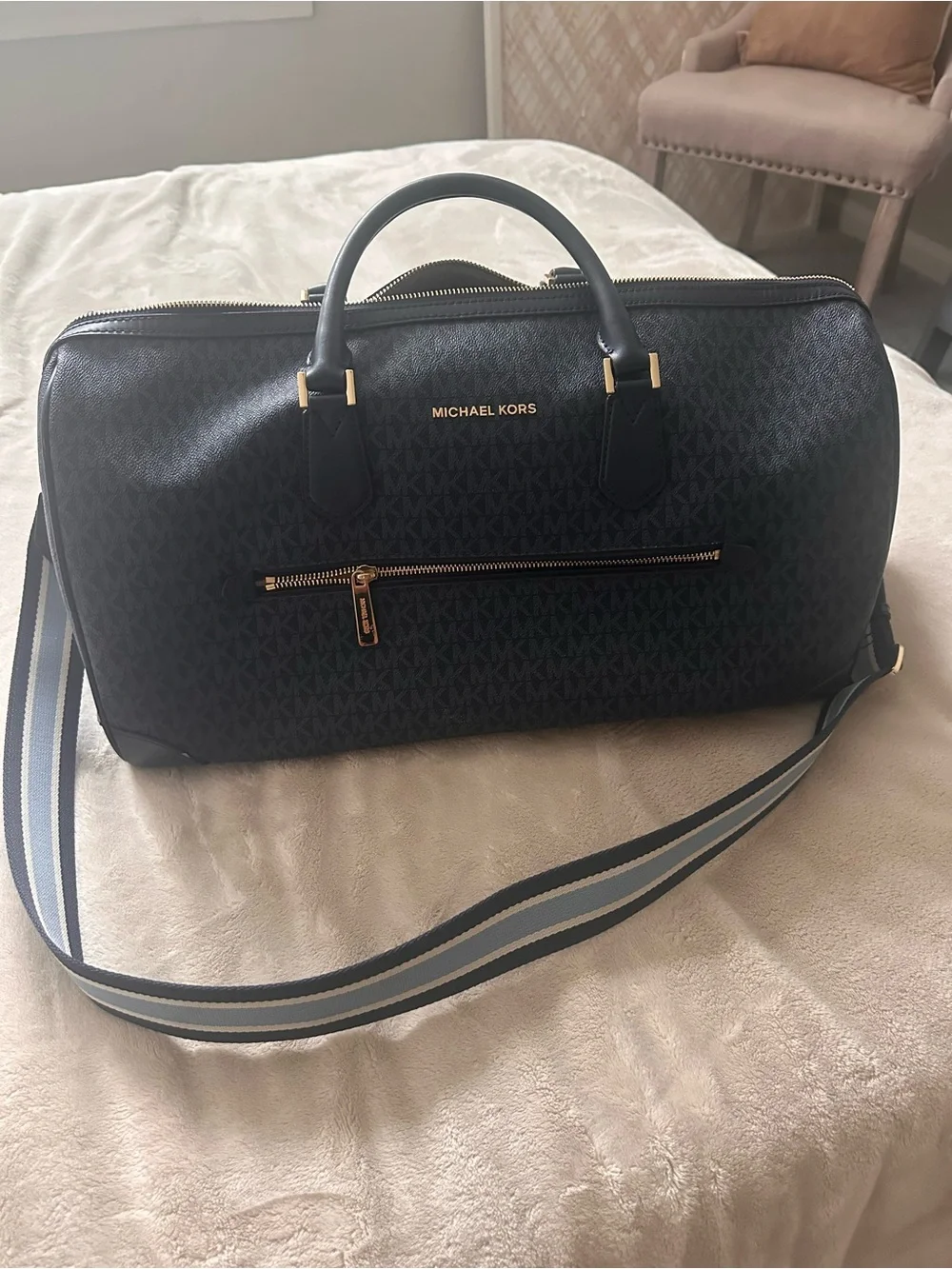 Michael Kors Black MK Logo Duffel with Striped Shoulder Strap